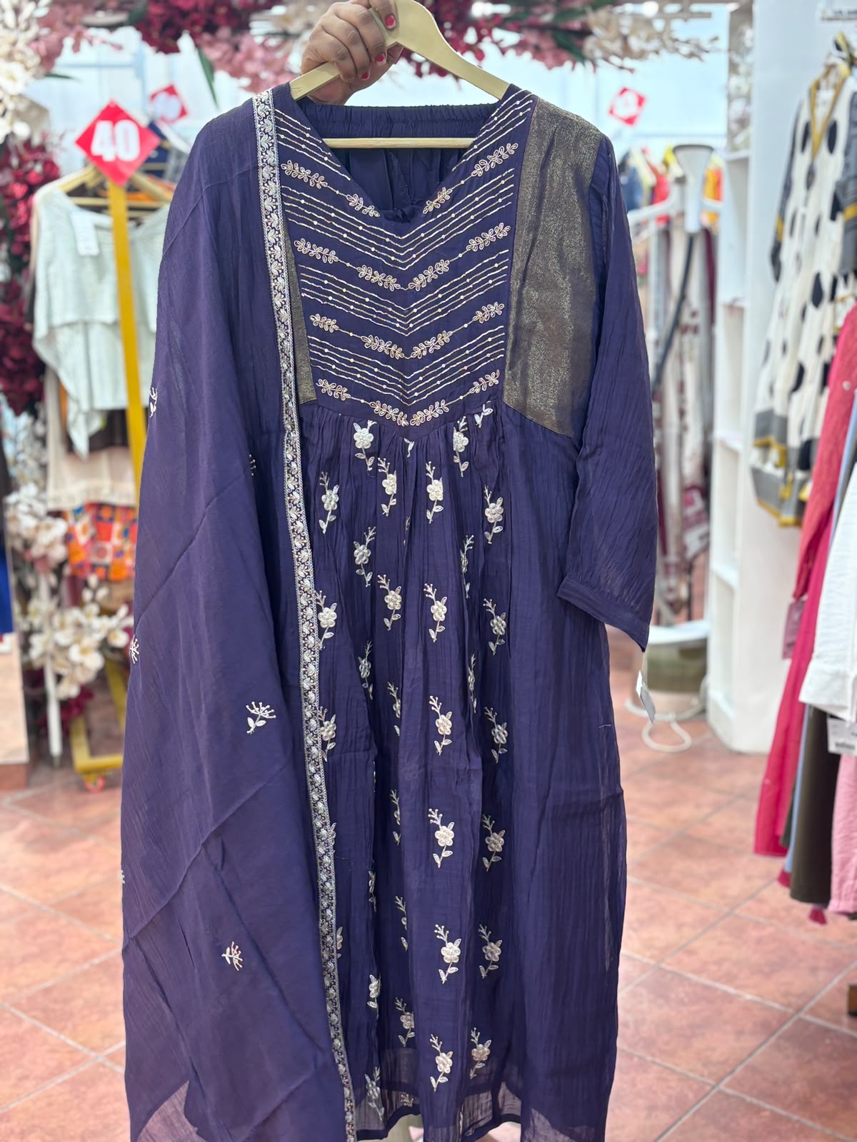 Royal Zardosi Embroidered Front Pleated A-Line Full Suit Set With Dupatta