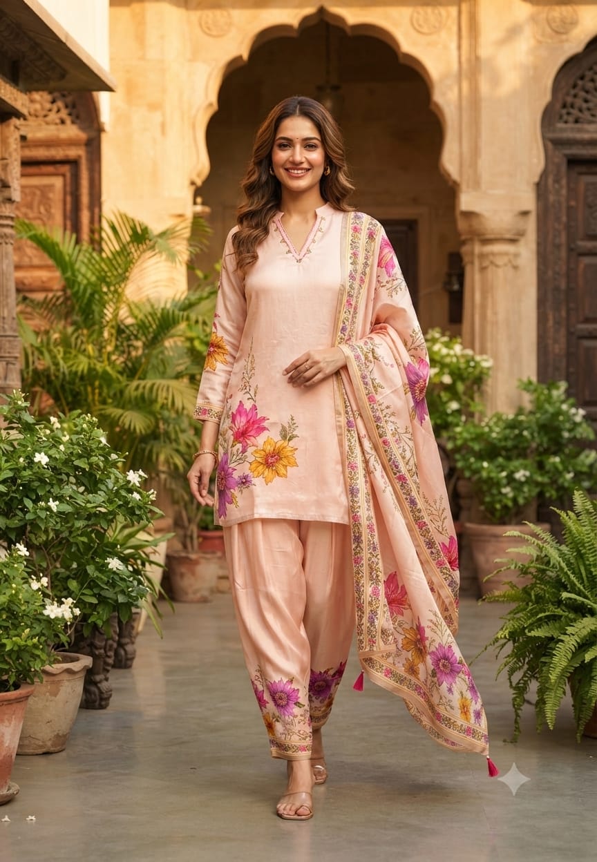 Giant Digital Multicolor Floral Prints Crepe Full Suit Set With Dupatta & Farsi Bottom- 15512