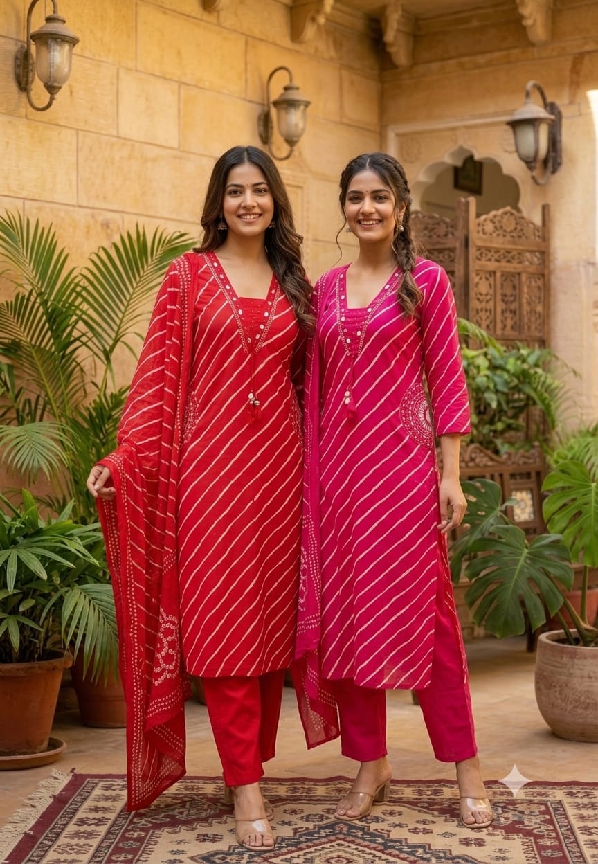 Pure Cotton Lehriya Printed Full Suit Set with Comfortable Pants & Dupatta- 15581