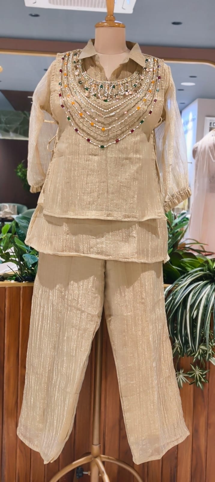 Heavy Jewel Stone Work Tassel Accent Side Knots Overlay Crush Tissue Co-Ord Set- 15628