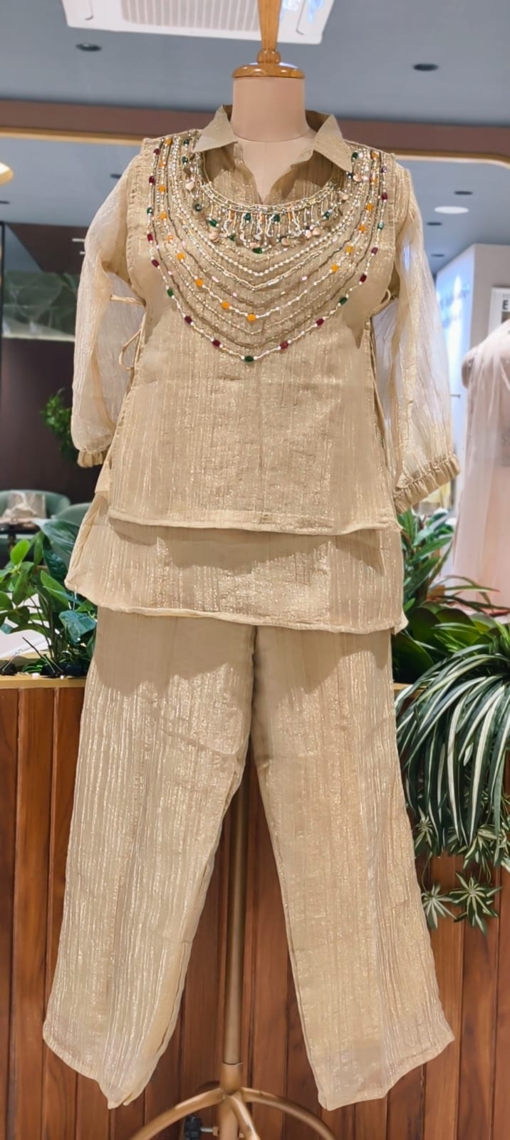 Heavy Jewel Stone Work Tassel Accent Side Knots Overlay Crush Tissue Co-Ord Set- 15628