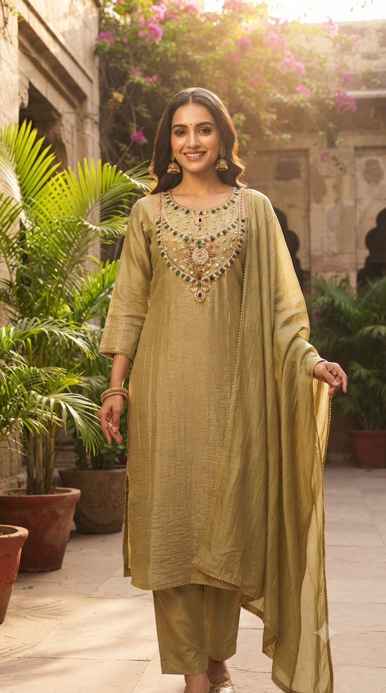 Heavy Jewel Stone Detailing Yoke Crush Tissue Full Suit Set With Dupatta- 15286