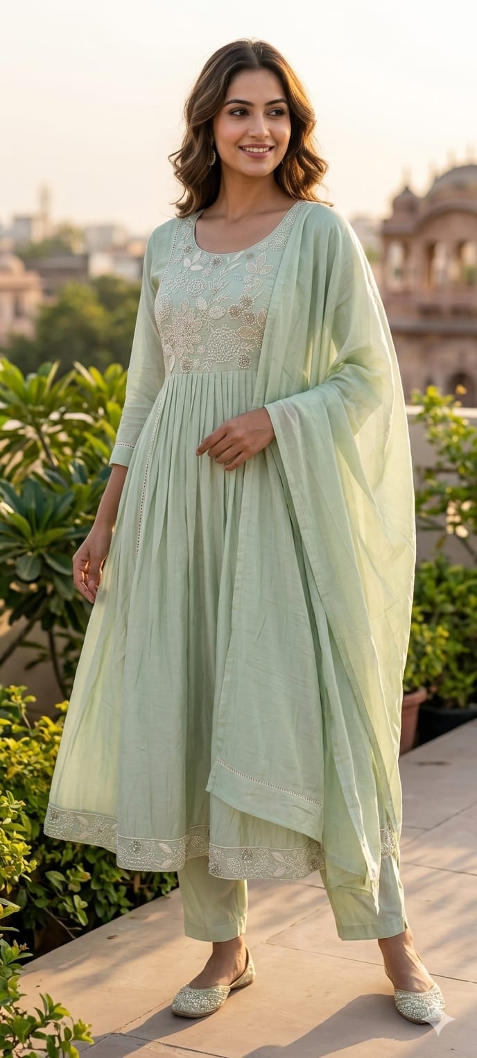 Dusty Pastel Heavy Embroidered Yoke Surat Mul-Chanderi Anarkali Full Suit set With Dupatta