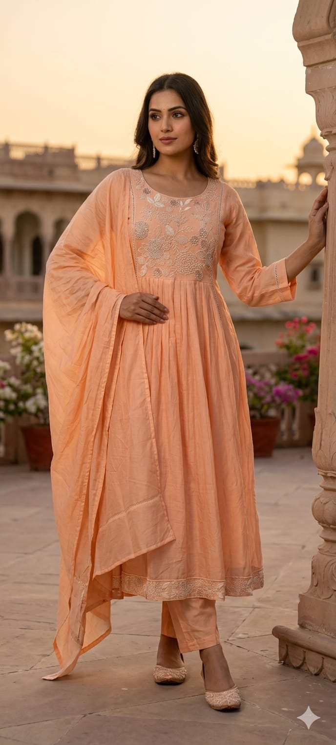 Dusty Pastel Heavy Embroidered Yoke Surat Mul-Chanderi Anarkali Full Suit set With Dupatta