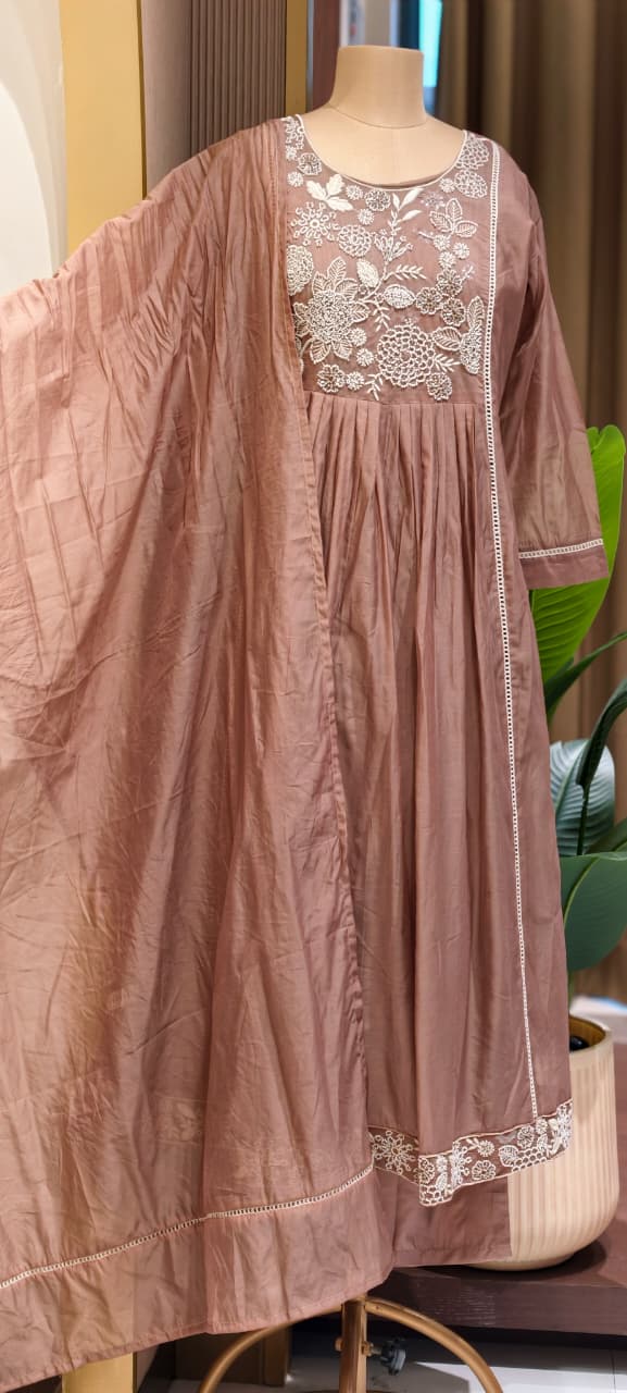Dusty Pastel Heavy Embroidered Yoke Surat Mul-Chanderi Anarkali Full Suit set With Dupatta