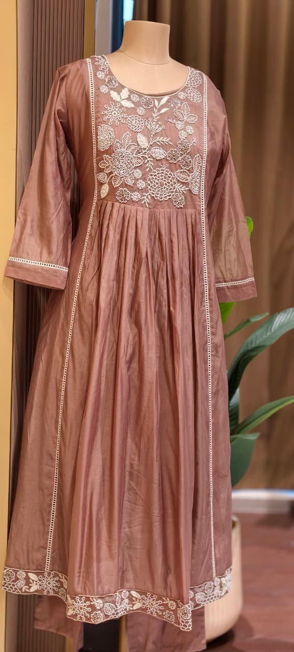 Dusty Pastel Heavy Embroidered Yoke Surat Mul-Chanderi Anarkali Full Suit set With Dupatta