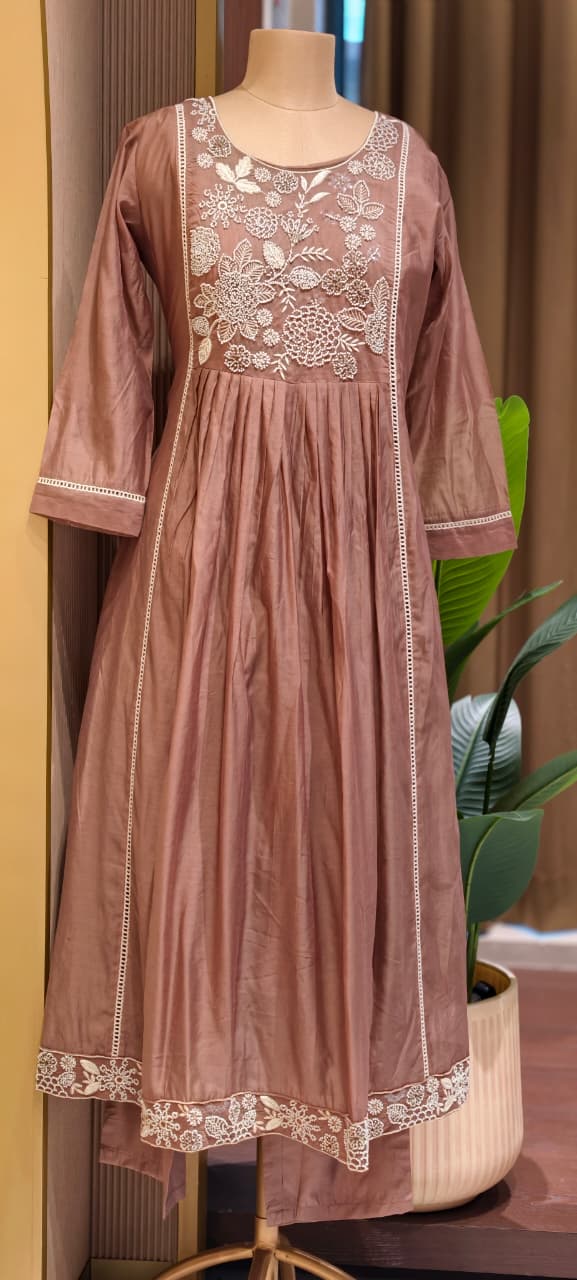 Dusty Pastel Heavy Embroidered Yoke Surat Mul-Chanderi Anarkali Full Suit set With Dupatta