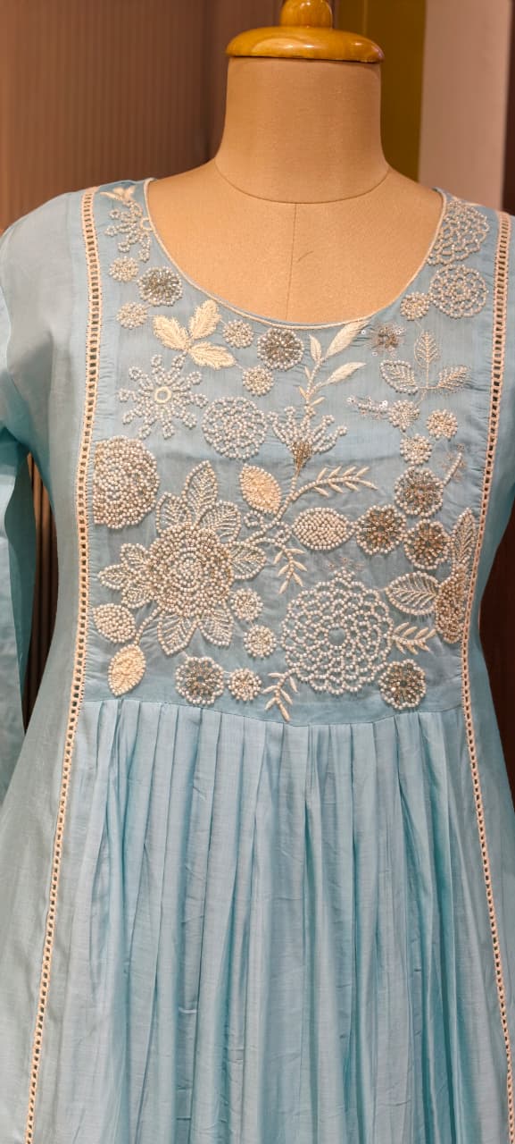 Dusty Pastel Heavy Embroidered Yoke Surat Mul-Chanderi Anarkali Full Suit set With Dupatta