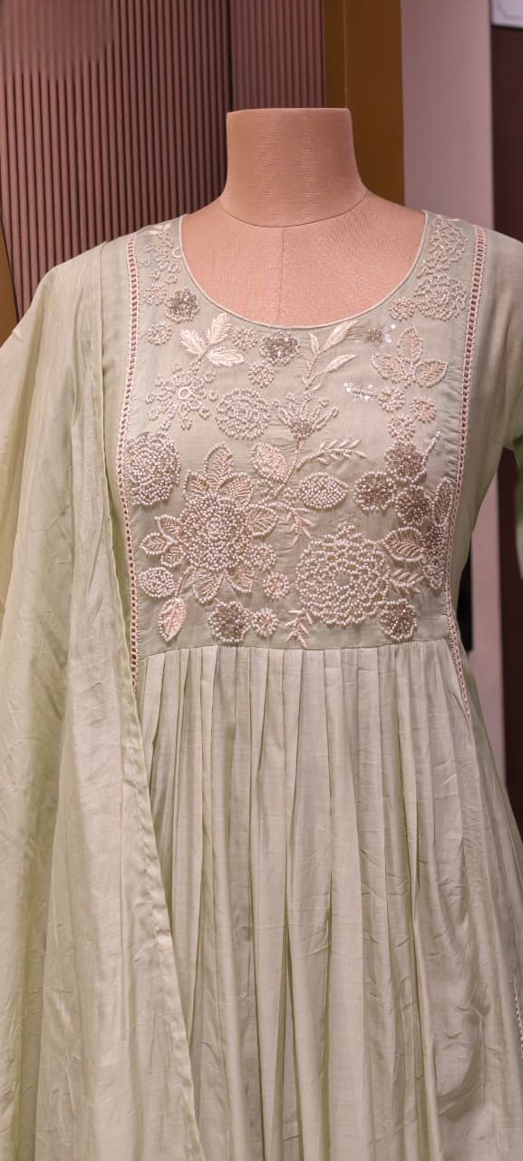 Dusty Pastel Heavy Embroidered Yoke Surat Mul-Chanderi Anarkali Full Suit set With Dupatta