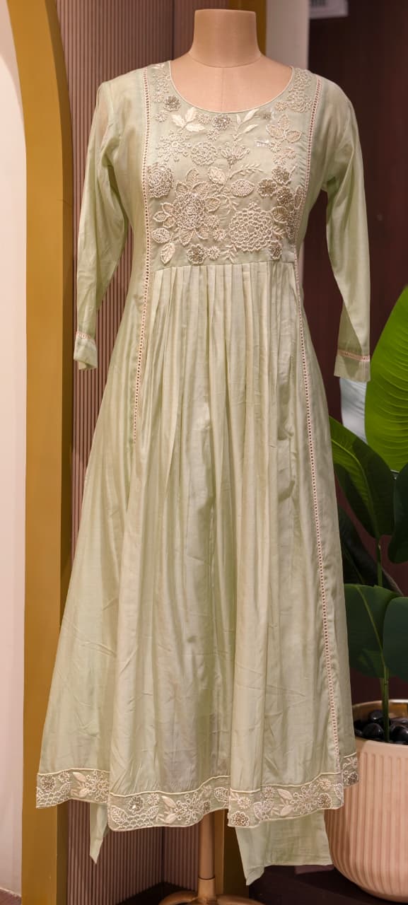 Dusty Pastel Heavy Embroidered Yoke Surat Mul-Chanderi Anarkali Full Suit set With Dupatta
