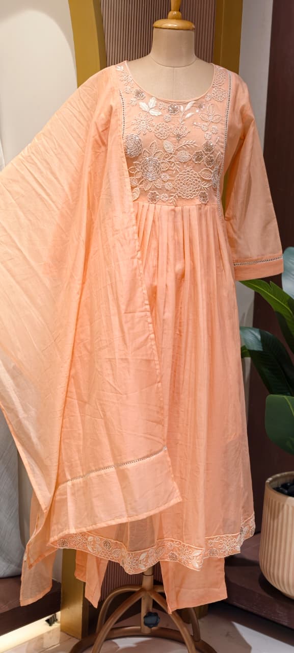 Dusty Pastel Heavy Embroidered Yoke Surat Mul-Chanderi Anarkali Full Suit set With Dupatta