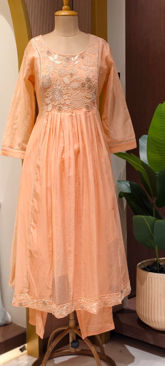 Dusty Pastel Heavy Embroidered Yoke Surat Mul-Chanderi Anarkali Full Suit set With Dupatta