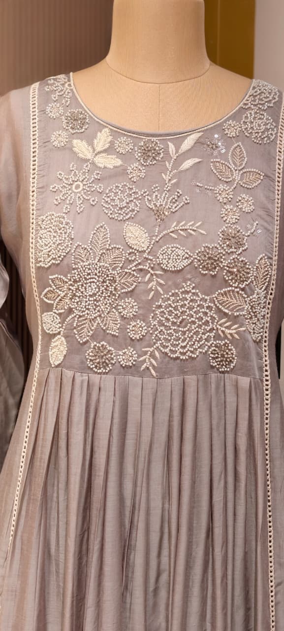 Dusty Pastel Heavy Embroidered Yoke Surat Mul-Chanderi Anarkali Full Suit set With Dupatta