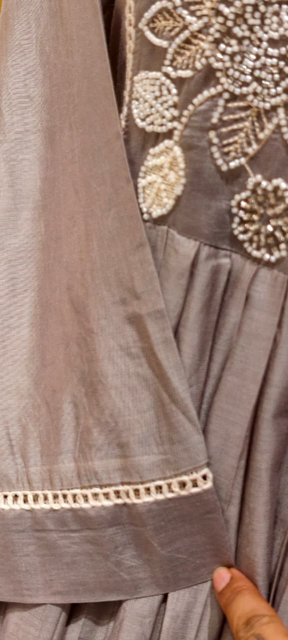 Dusty Pastel Heavy Embroidered Yoke Surat Mul-Chanderi Anarkali Full Suit set With Dupatta