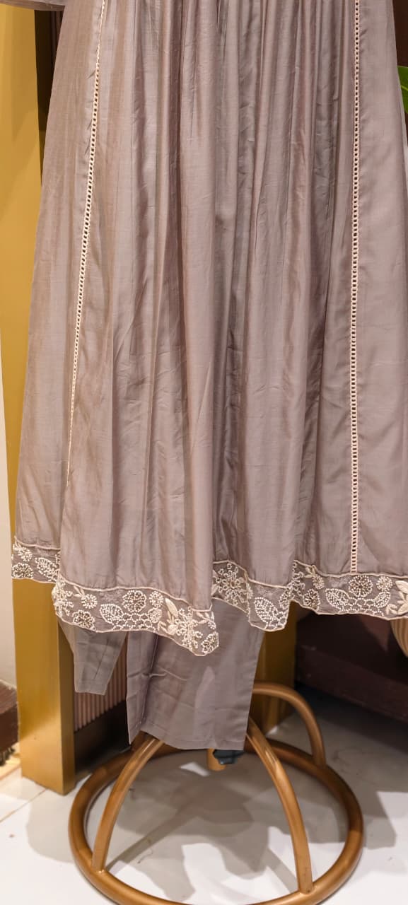 Dusty Pastel Heavy Embroidered Yoke Surat Mul-Chanderi Anarkali Full Suit set With Dupatta