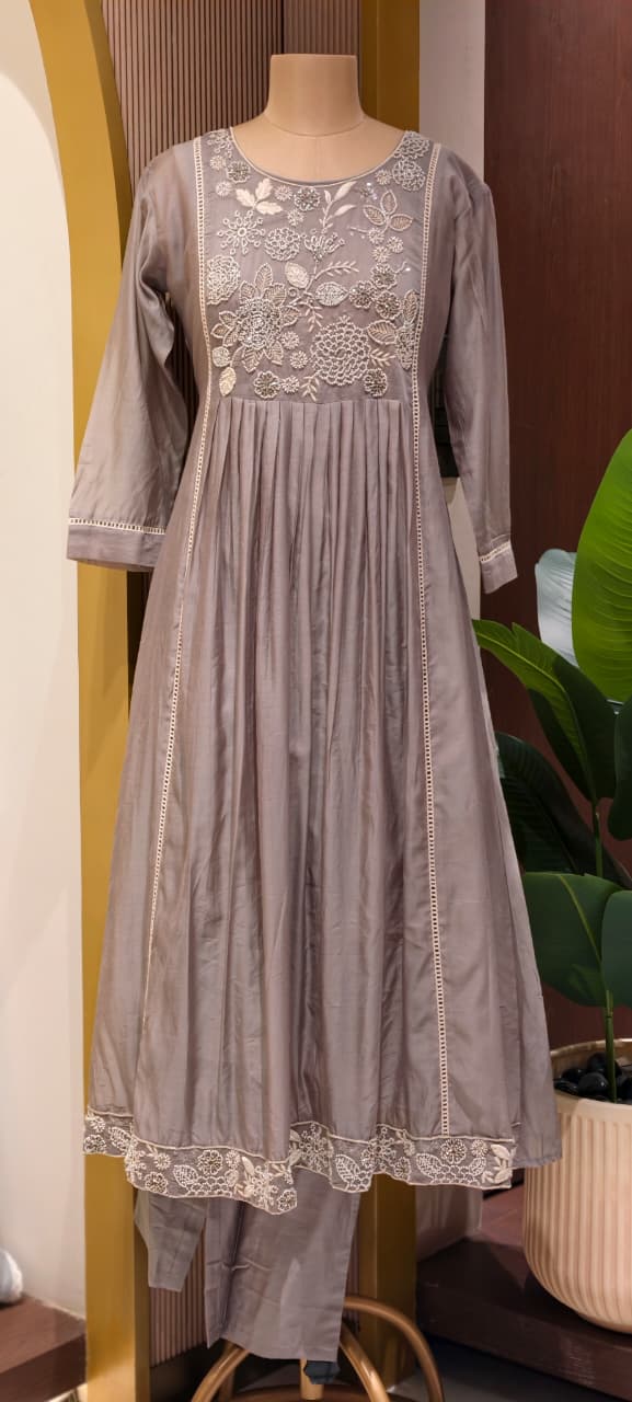 Dusty Pastel Heavy Embroidered Yoke Surat Mul-Chanderi Anarkali Full Suit set With Dupatta