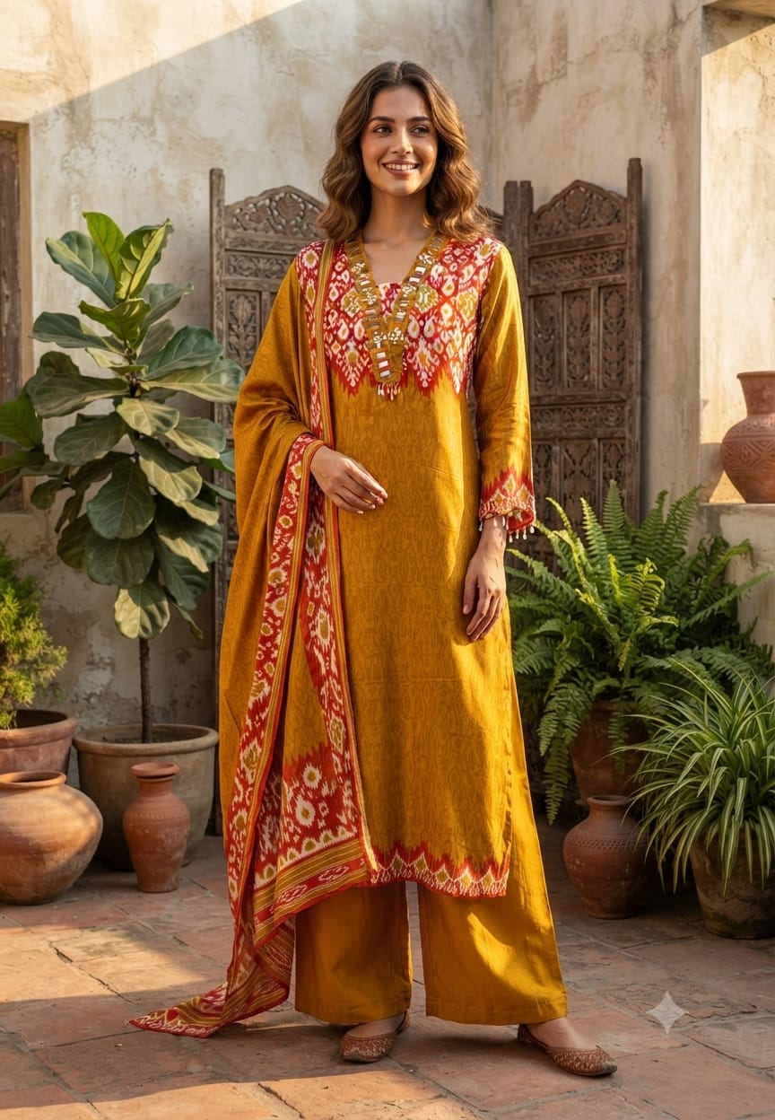 Real Mirror Boho Neckline Ikkat Print Gajji Silk Full Suit Set With Dupatta- 15626
