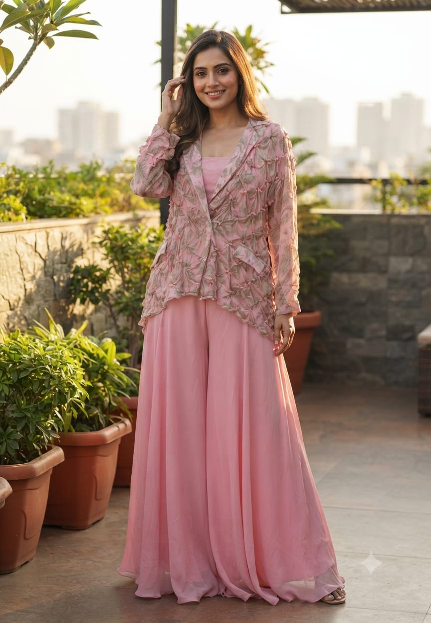 Pleated Chevron Floral Print Jacket With Inner & Flared Skirt Look Palazzo Bottom Indo Wear- 15539