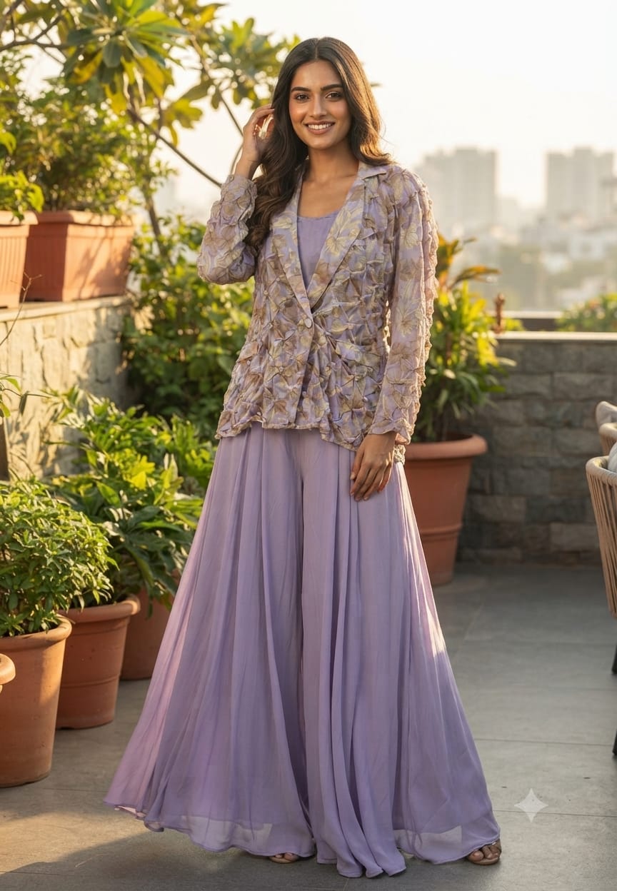 Pleated Chevron Floral Print Jacket With Inner & Flared Skirt Look Palazzo Bottom Indo Wear- 15539