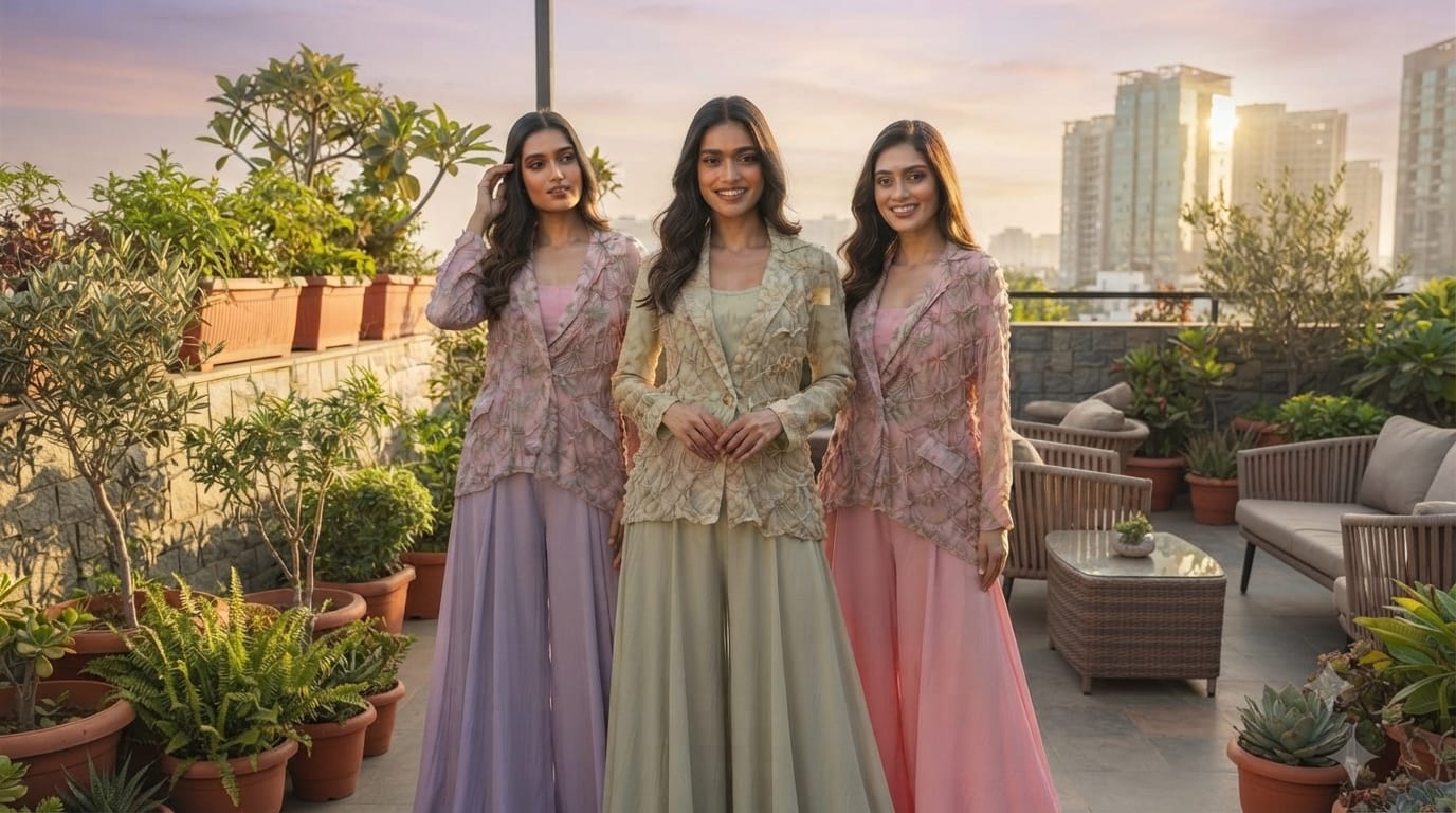 Pleated Chevron Floral Print Jacket With Inner & Flared Skirt Look Palazzo Bottom Indo Wear- 15539
