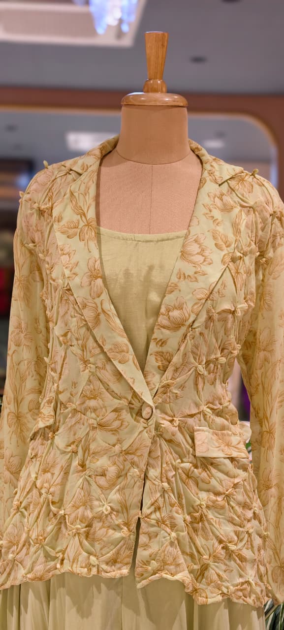 Pleated Chevron Floral Print Jacket With Inner & Flared Skirt Look Palazzo Bottom Indo Wear- 15539