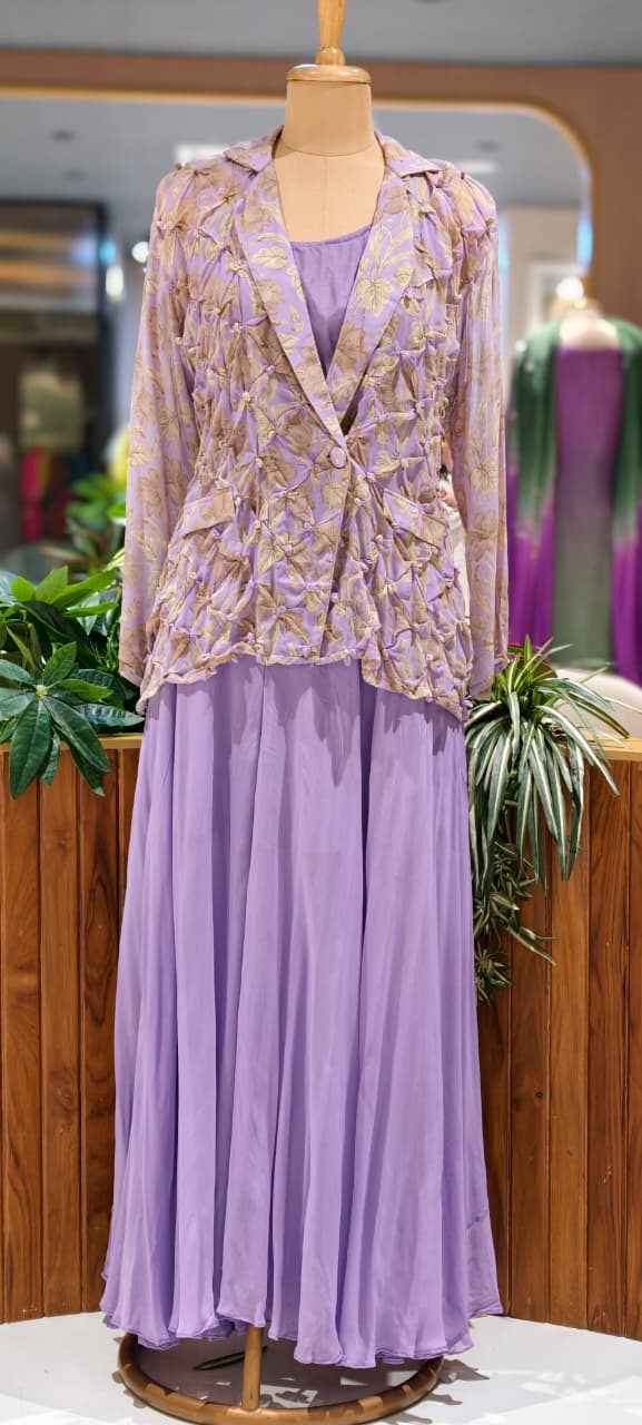 Pleated Chevron Floral Print Jacket With Inner & Flared Skirt Look Palazzo Bottom Indo Wear- 15539