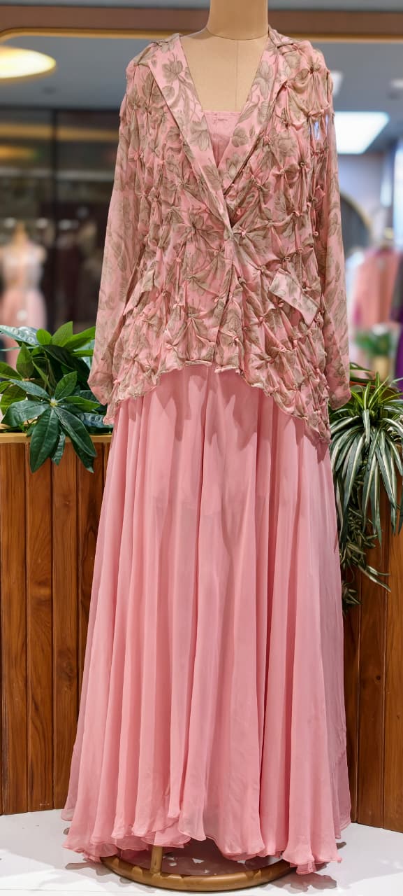 Pleated Chevron Floral Print Jacket With Inner & Flared Skirt Look Palazzo Bottom Indo Wear- 15539
