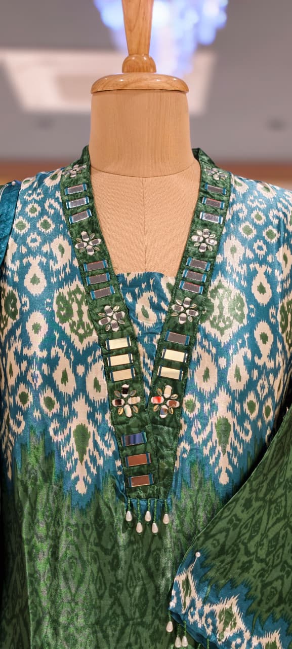 Real Mirror Boho Neckline Ikkat Print Gajji Silk Full Suit Set With Dupatta- 15626