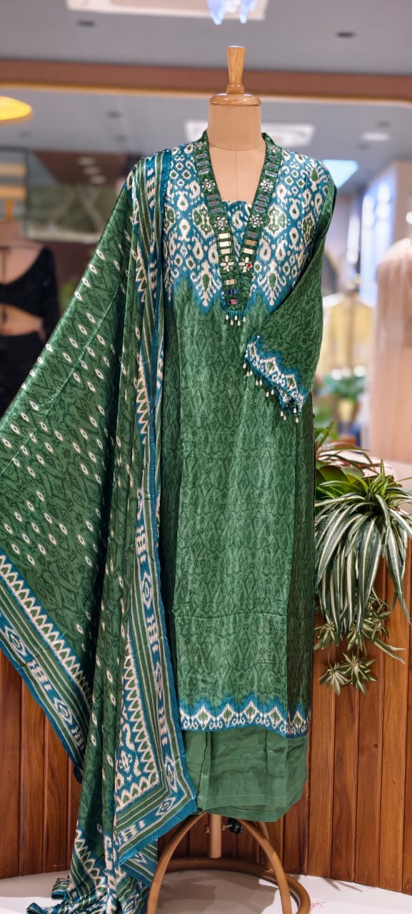 Real Mirror Boho Neckline Ikkat Print Gajji Silk Full Suit Set With Dupatta- 15626