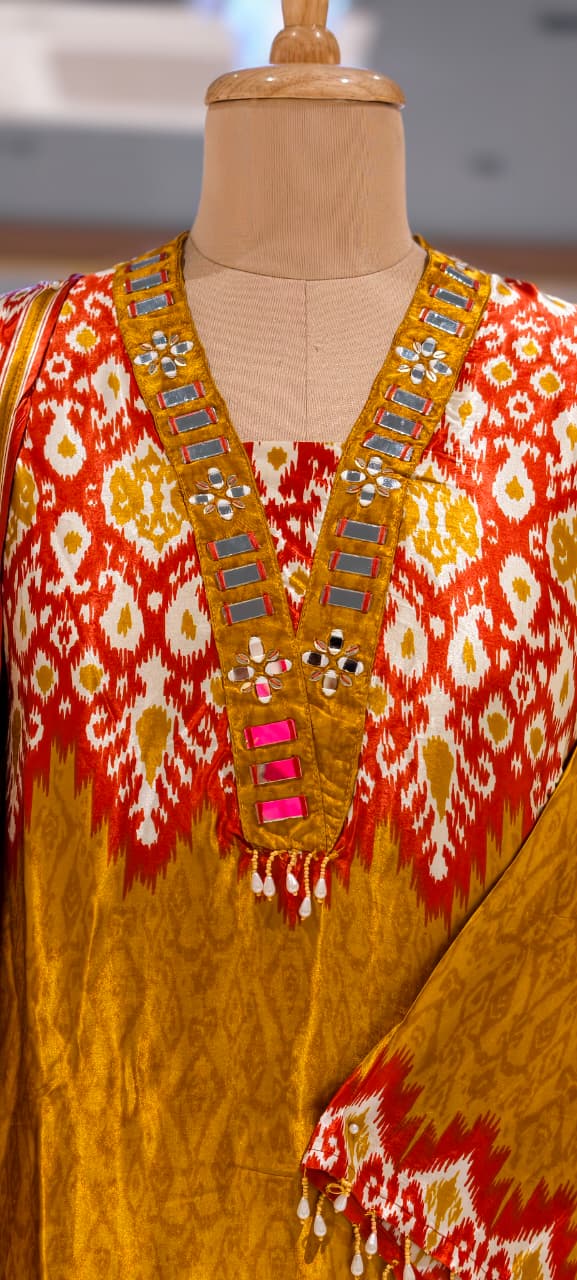 Real Mirror Boho Neckline Ikkat Print Gajji Silk Full Suit Set With Dupatta- 15626