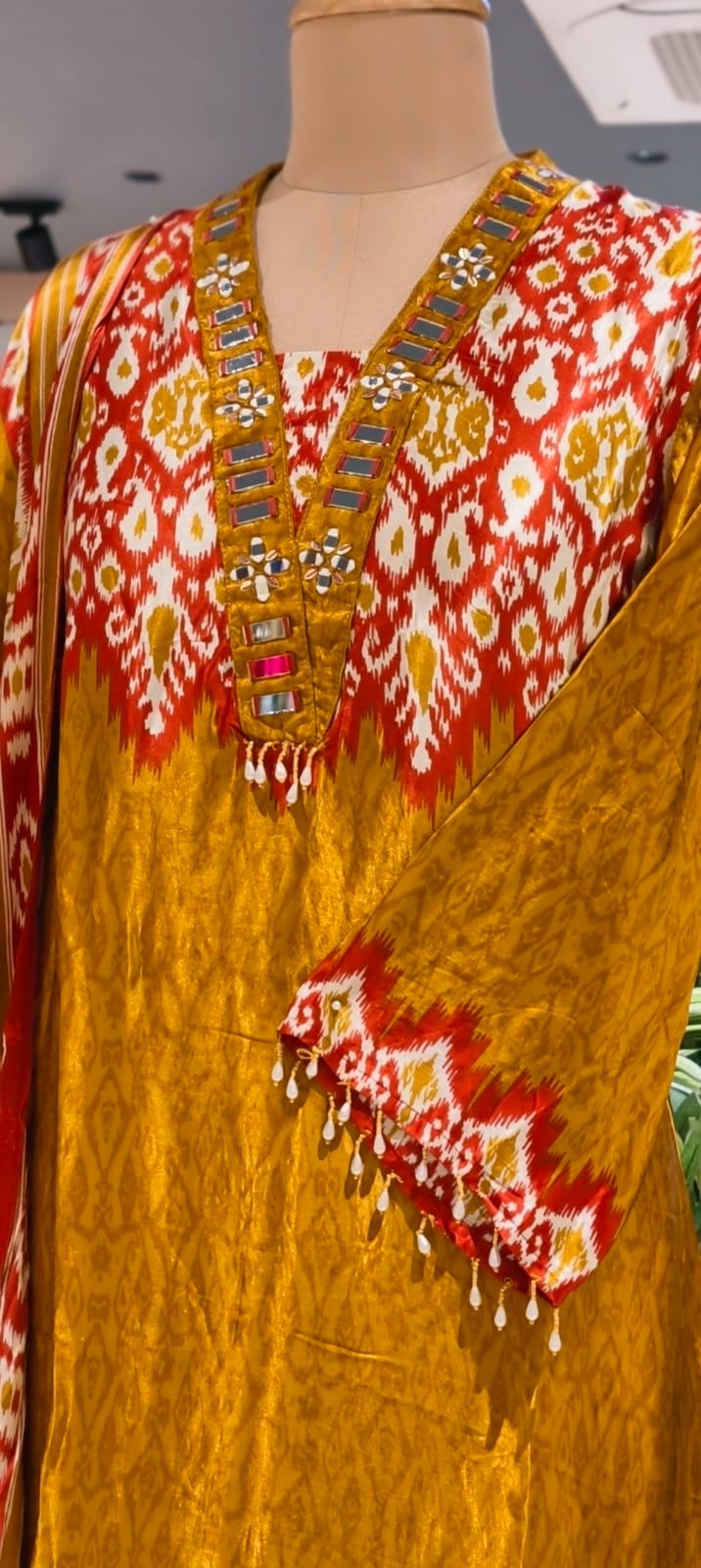 Real Mirror Boho Neckline Ikkat Print Gajji Silk Full Suit Set With Dupatta- 15626
