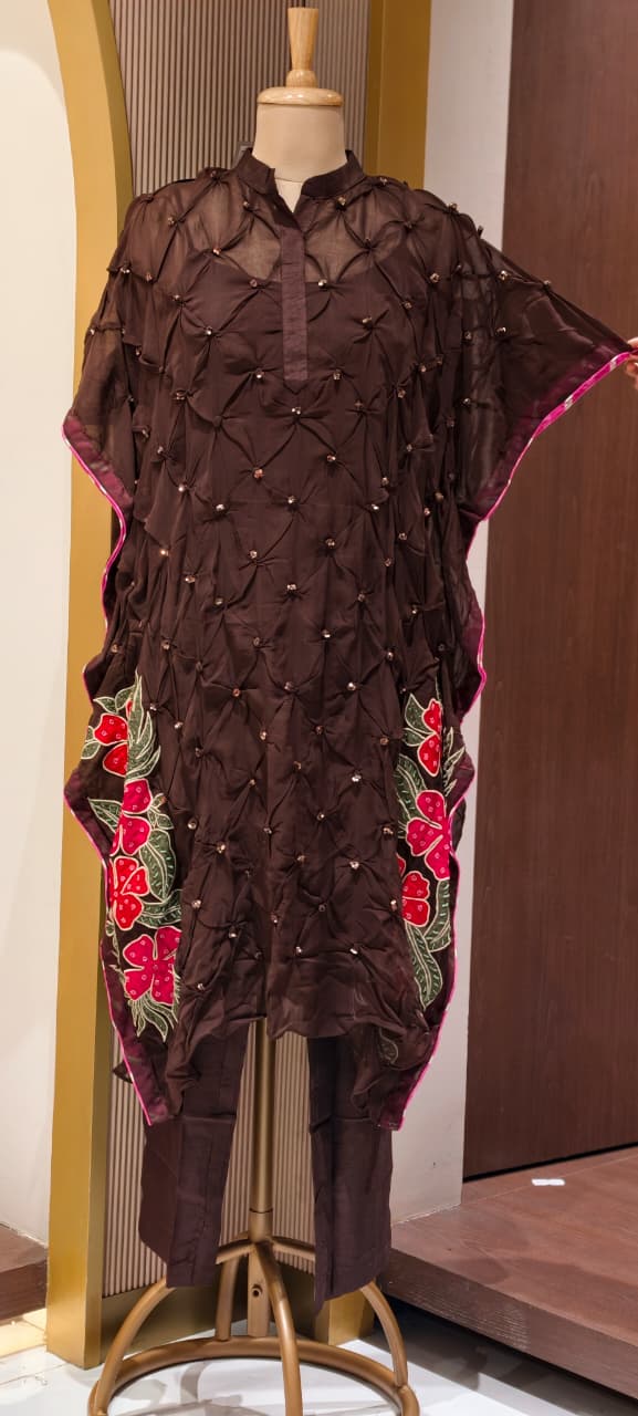 Pin-tucks Hand-Embellished Textured Floral Embroidery Kaftan Style Indo-Wear With Matching Bottom- 15538