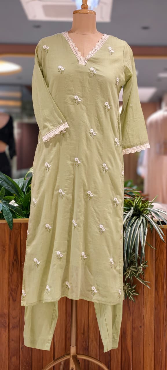 Crosia Neckline Cute Tiny Floral Embroidery Solid Candy Shades Mul-Cotton A-Line Full Suit Set With Dupatta- 15652