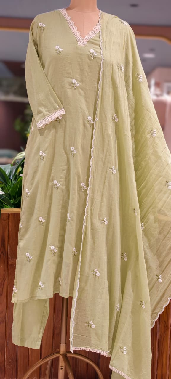 Crosia Neckline Cute Tiny Floral Embroidery Solid Candy Shades Mul-Cotton A-Line Full Suit Set With Dupatta- 15652