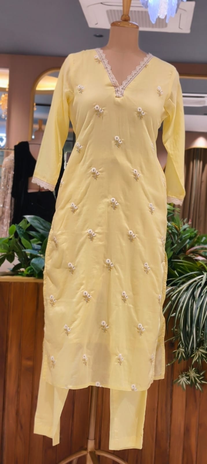 Crosia Neckline Cute Tiny Floral Embroidery Solid Candy Shades Mul-Cotton A-Line Full Suit Set With Dupatta- 15652