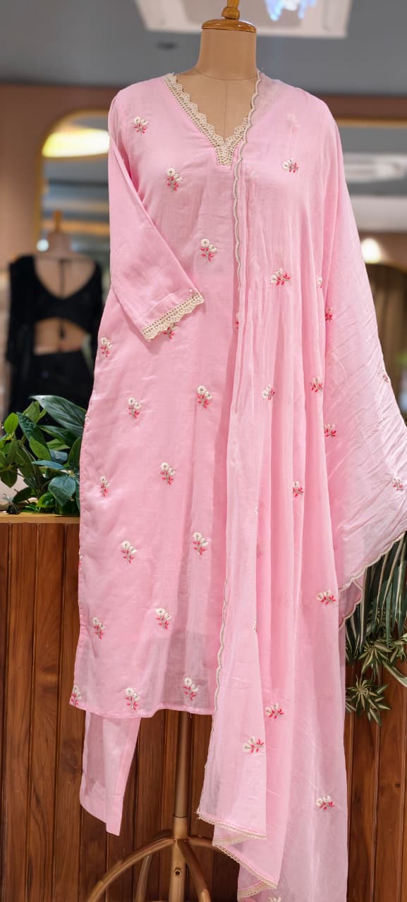 Crosia Neckline Cute Tiny Floral Embroidery Solid Candy Shades Mul-Cotton A-Line Full Suit Set With Dupatta- 15652