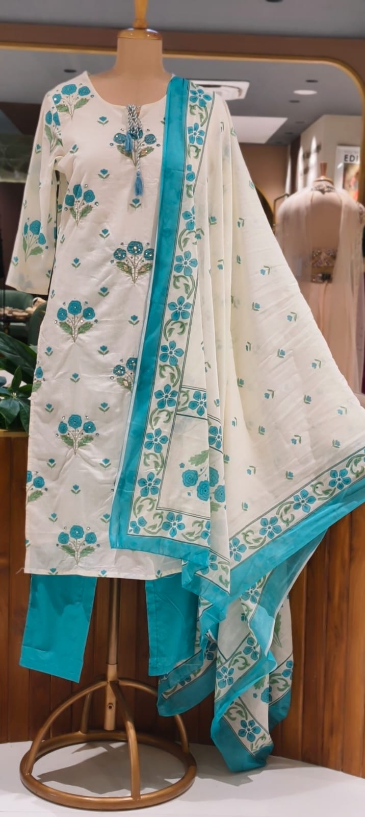 Cute Floral Motifs Watermark Look Tassel Accent Straight Cotton Full Suit Set With Dupatta- 15666