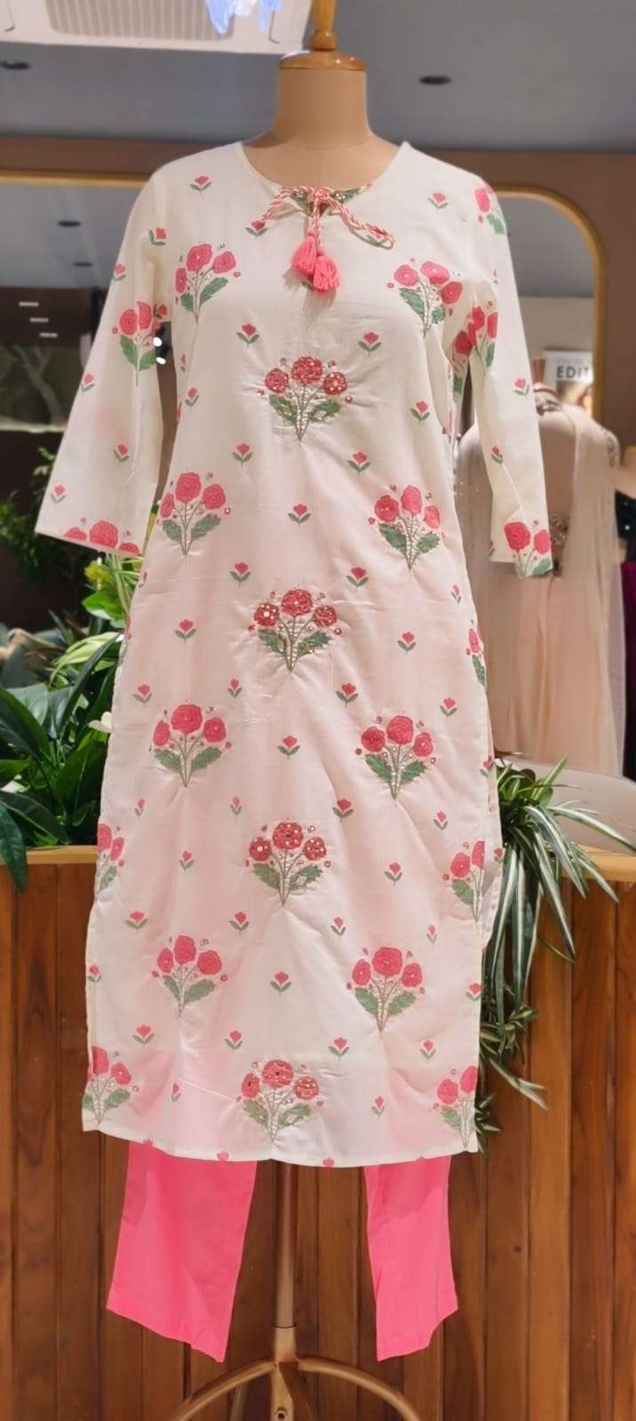 Cute Floral Motifs Watermark Look Tassel Accent Straight Cotton Full Suit Set With Dupatta- 15666
