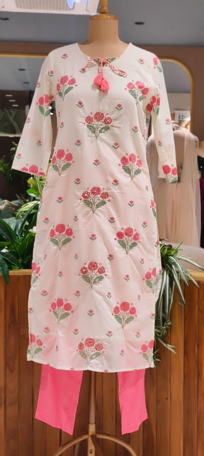 Cute Floral Motifs Watermark Look Tassel Accent Straight Cotton Full Suit Set With Dupatta- 15666