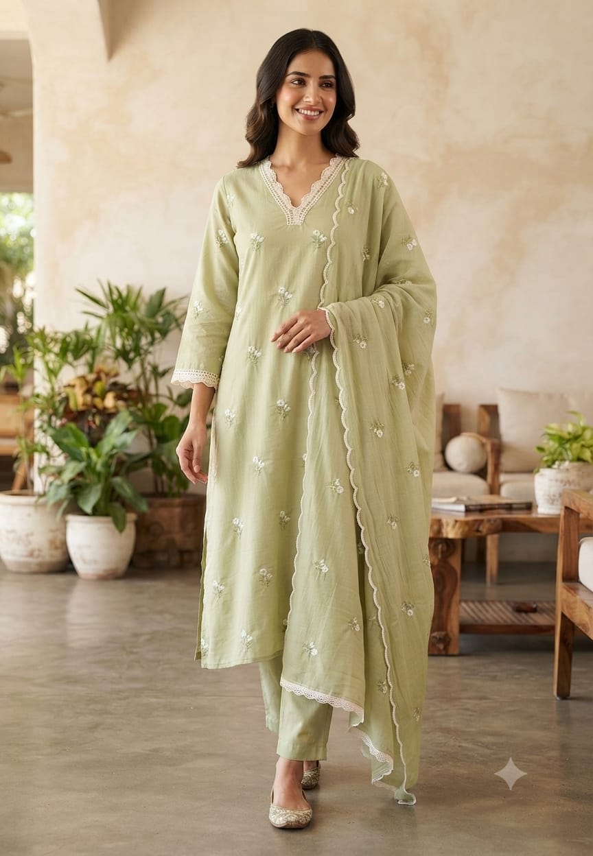 Crosia Neckline Cute Tiny Floral Embroidery Solid Candy Shades Mul-Cotton A-Line Full Suit Set With Dupatta- 15652