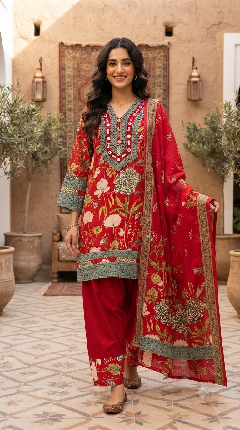 Premium Floral Printed Cotton Full Suit Set Wuth Dupatta With Crosia Elegance- 15682