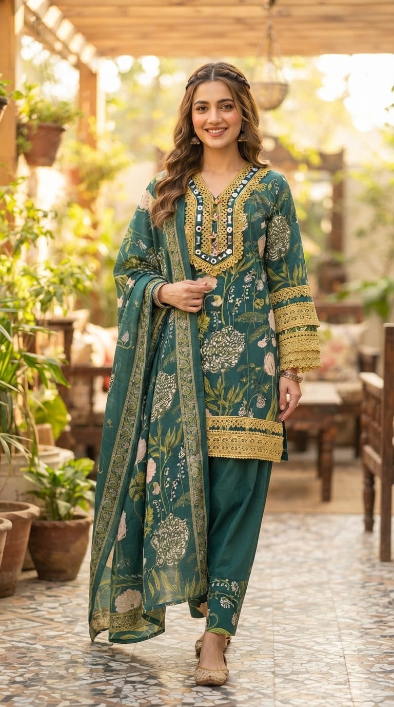 Premium Floral Printed Cotton Full Suit Set Wuth Dupatta With Crosia Elegance- 15682