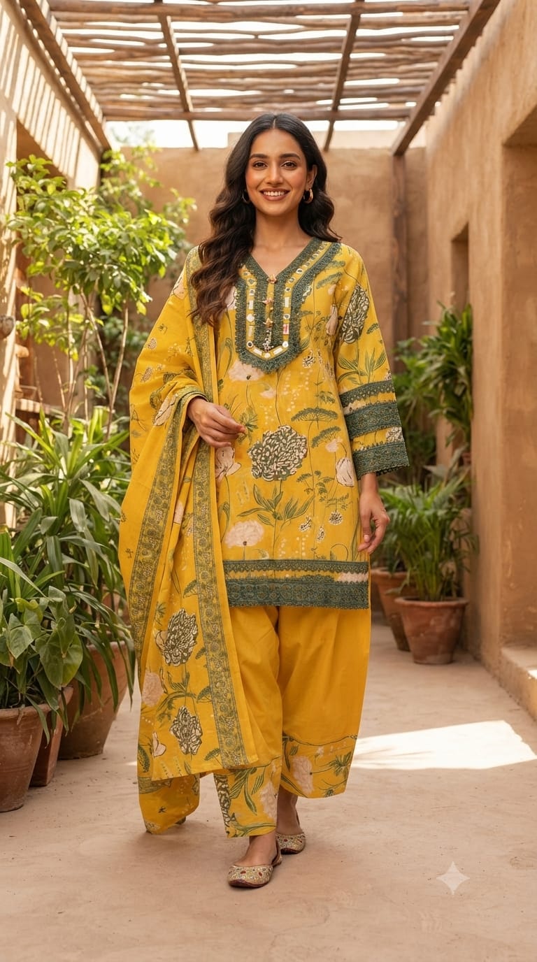 Premium Floral Printed Cotton Full Suit Set Wuth Dupatta With Crosia Elegance- 15682