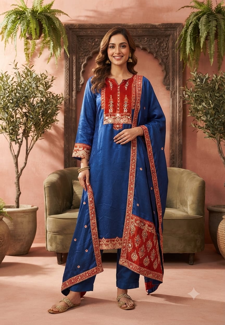 Kodi Accent Mirror Work Intricate Embroidery Printed Full Suit Set With Dupatta- 15678