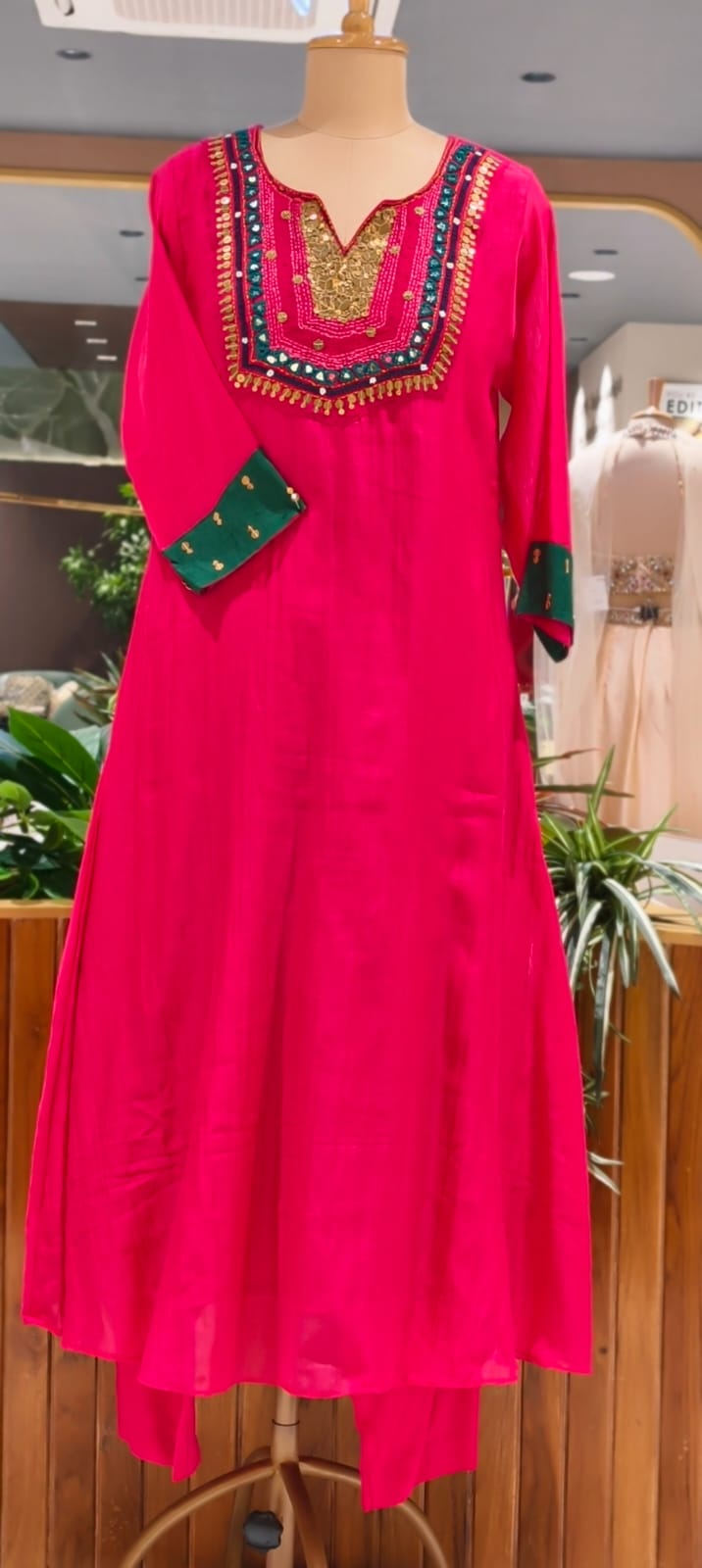 Contrasting Accents Embroidered A-Line Full Suit Set with Sequin-Work Yoke & Dupatta In Banarasi Mul Chanderi Fabric- 15704