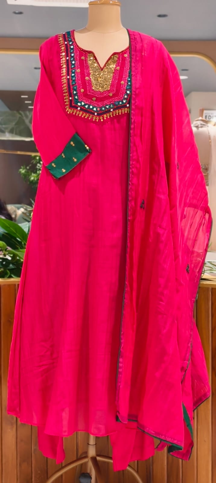 Contrasting Accents Embroidered A-Line Full Suit Set with Sequin-Work Yoke & Dupatta In Banarasi Mul Chanderi Fabric- 15704