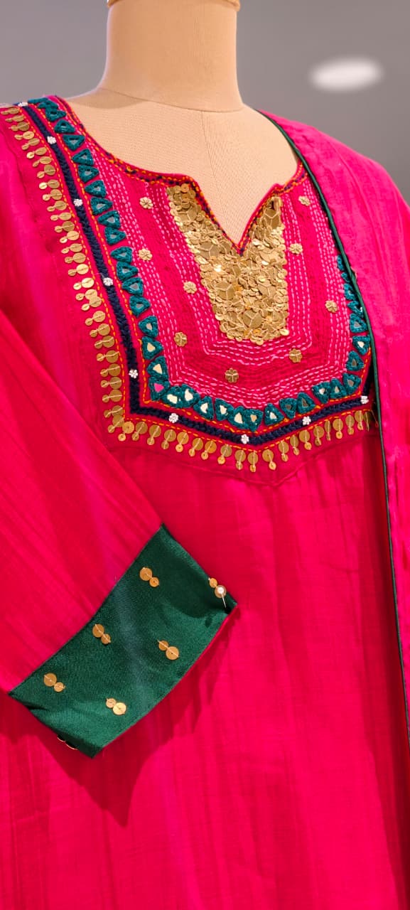Contrasting Accents Embroidered A-Line Full Suit Set with Sequin-Work Yoke & Dupatta In Banarasi Mul Chanderi Fabric- 15704