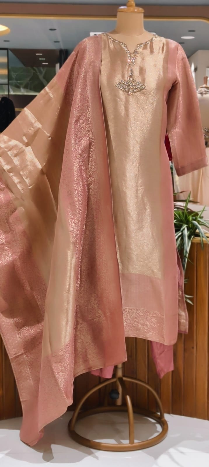 Premium Zebra Tissue Kundan Look Front Work Pastel Tone Full Suit Set With Dupatta- 15702