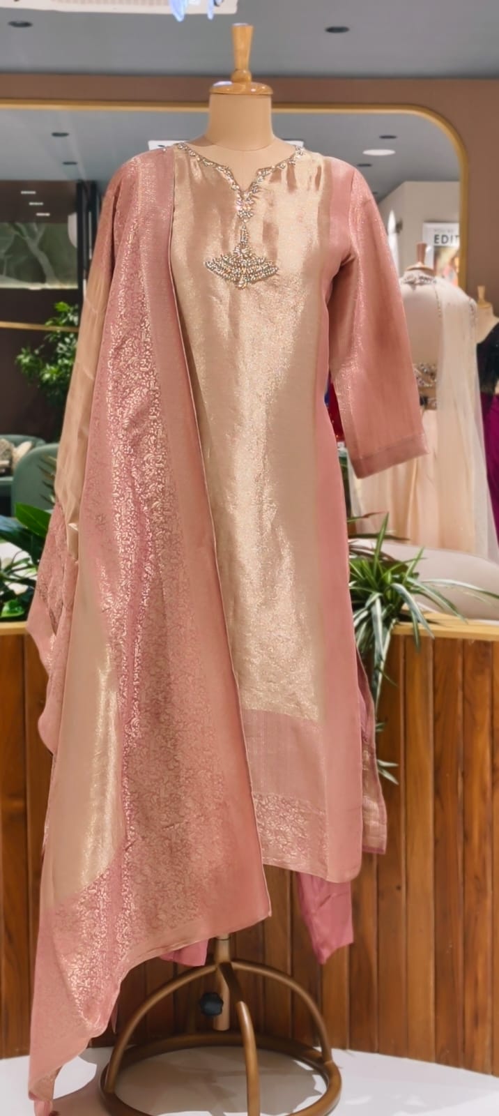 Premium Zebra Tissue Kundan Look Front Work Pastel Tone Full Suit Set With Dupatta- 15702