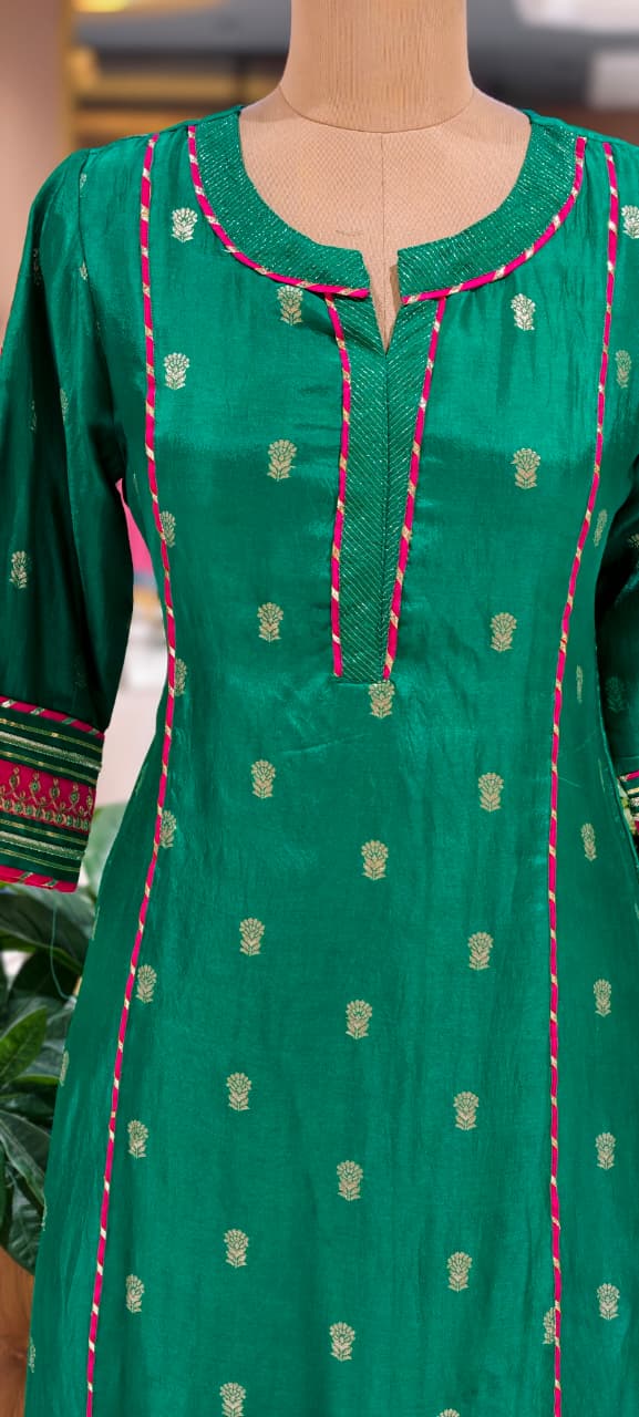 Traditional Silk Ethinc Kurta Pant Set With Pink & Golden Highlighted Pipings- 15535